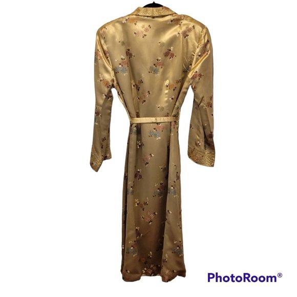 Vintage Chinese Womens Gold Silk Brocade Embroidered Long Coat Jacket Robe Small - Picture 2 of 11